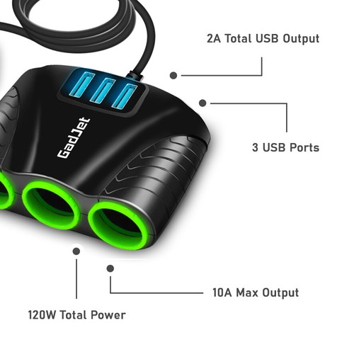 Car Multi Socket Universal Adapter 120W 3 Cigarette Lighter Sockets 3 USB Ports - Picture 4 of 6
