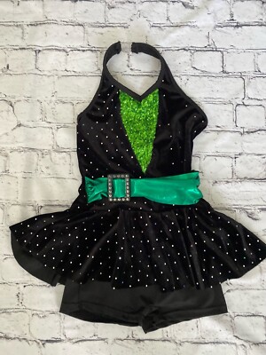 Curtain Call Girl Shiny Sequin Performance Costume Leotard Dress Black Size CME