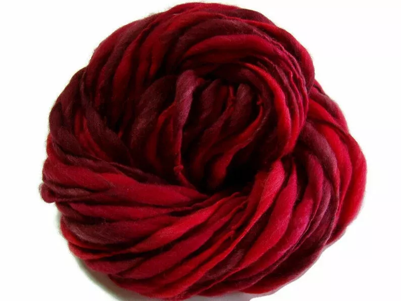 Red handspun merino thick and thin yarn super bulky weaving knitting  71yds/64m