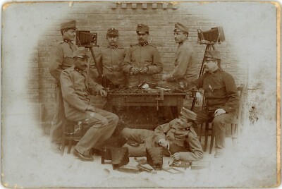 CIRCA 1910s CABINET CARD AUSTRO-HUNGARIAN PHOTORGRAPHY UNIT REPAIRING CAMERAS