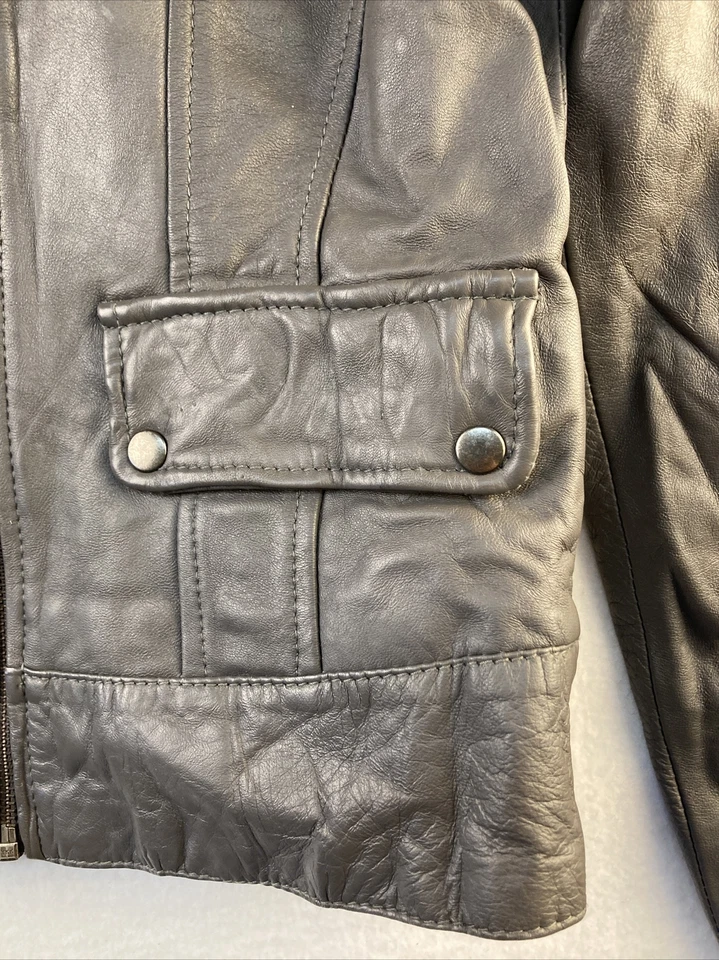 Chaqueta de motocicleta Ben Sherman de cuero real gris con cremallera talla XS NUEVA SIN ETIQUETAS Foto 3 de 4