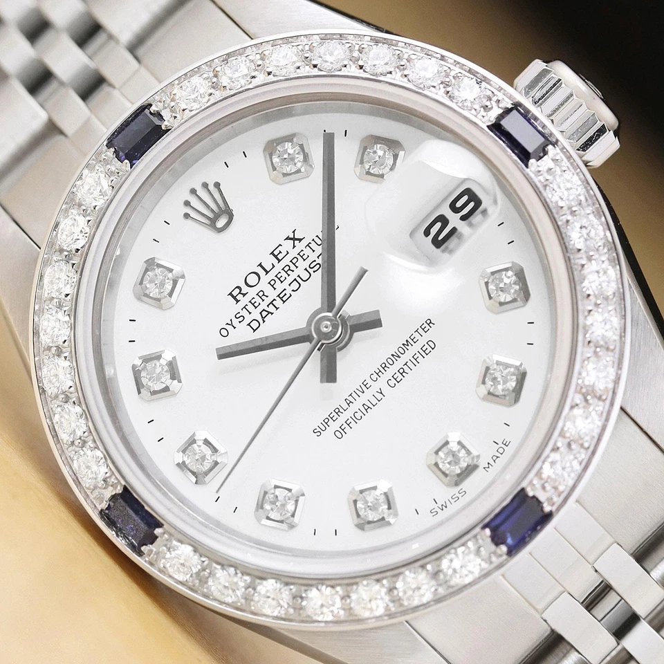 ROLEX LADIES DATEJUST 79174 WHITE DIAL 18K GOLD STEEL DIAMOND SAPPHIRE WATCH