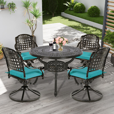 5-Piece Outdoor Dining Set w/ Round Table 4 Chairs Cast Aluminum Patio Furniture