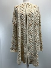 Vintage Granny Square Crochet Long Cardigan Sweater GUC Neutral Boho Handmade