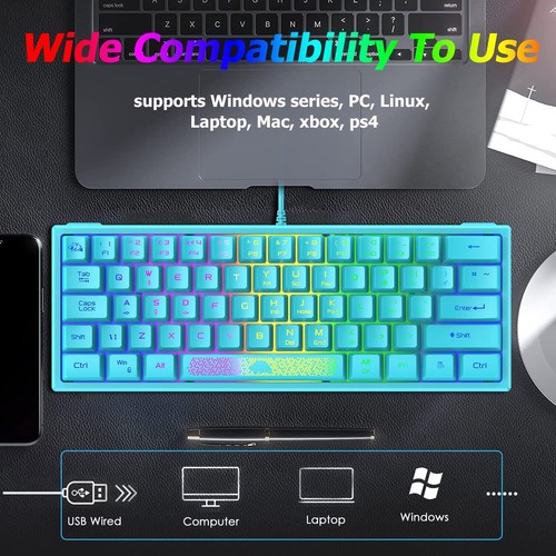 60% Wired Compact Gaming Keyboard, RGB LED Backlit Mechanical Feel For PC Laptop - Picture 28 of 37