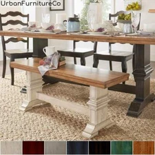 Farmhouse Vintage Two-Tone Trestle Leg Wood Dining Bench Distressed Oak Finish