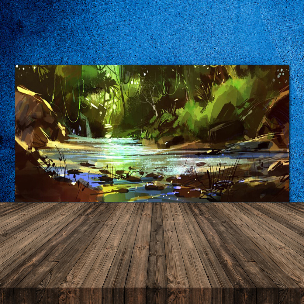 Crédence de cuisine en verre anti-taches 120x60 motif forêt et pierres