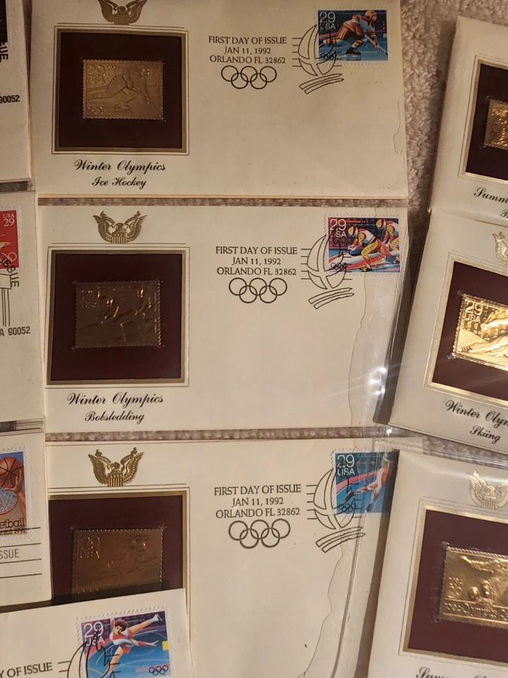 13 TOTAL 1992 22kt Gold Stamps. Winter Olympics:  FIRST DAY OF ISSUE.  - Image 4 of 4