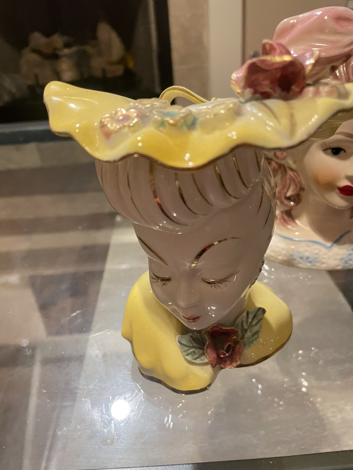 LEFTON Lady Head Vase Planter Gold Accents Japan Yellow Dress Hat Rose VTG 1950