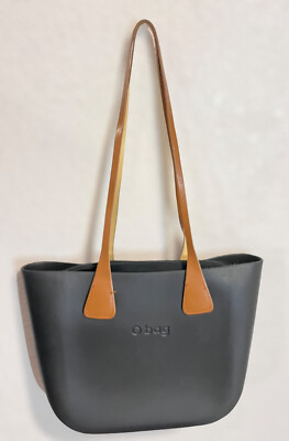 O Bag Italy Black Tote Rubber Canvas Insert  Brown Faux Leather Handles