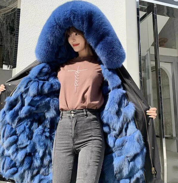 Winter Womens Long Real Fox Fur Collar Hooded Parka Jacket Fox Fur Lined Furry  - image 4 of 4