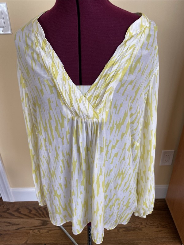 Boden Amalfi Silk Blend WA400 Blouse V-neck Size 16 Yellow And White Long Sleeve