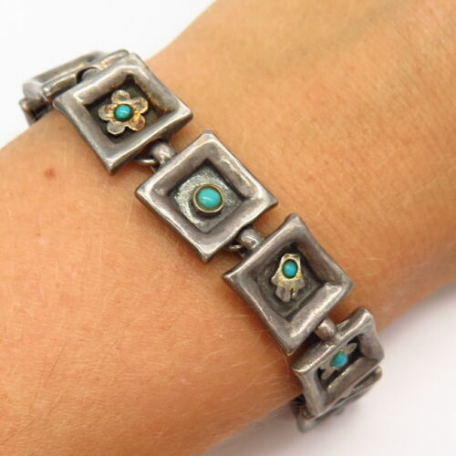 925 Sterling Silver Israel Lior Real Turquoise Gemstone Square Link Bracelet 7" - Picture 1 of 5