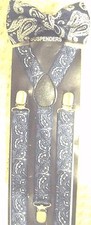 Dark Blue Paisley Pattern Adjustable Bow Tie  Blue Paisley Y-Back Suspenders