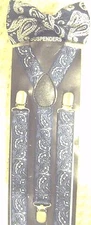 Dark Blue Paisley Pattern Adjustable Bow Tie & Blue Paisley Y-Back Suspenders 