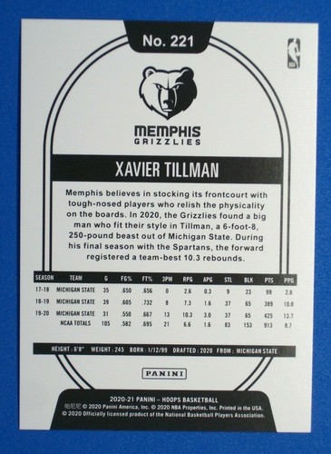 2020-21 Panini NBA Hoops Silver Foil #221 Xavier Tillman Grizzlies RC 71/199 - Picture 2 of 2