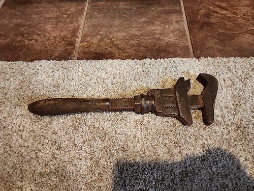 Vintage/Antique 15" hooked spanner adjustable wrench wooden handle collectable