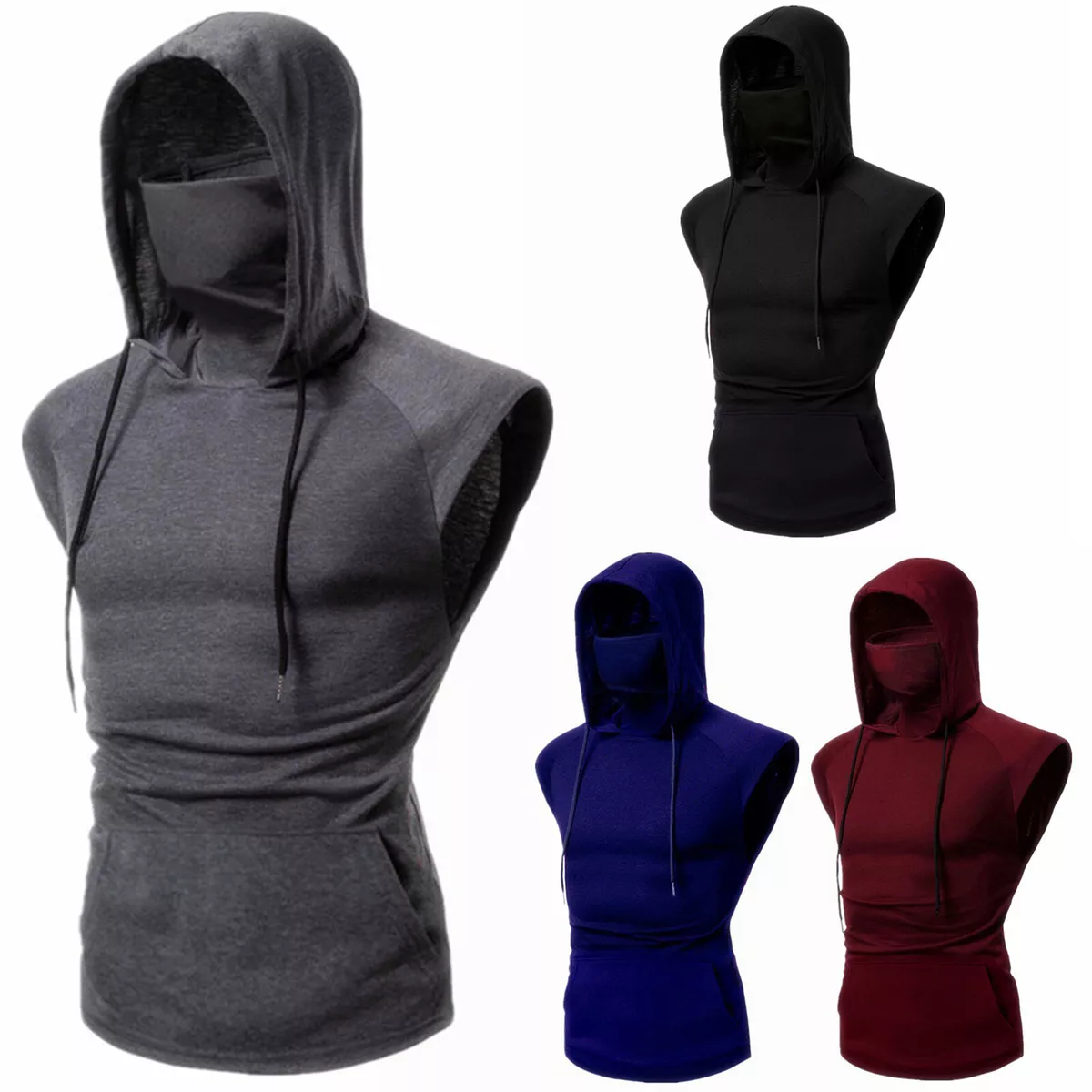 Men Sleeveless Hooded Hoodies with Mask Sports Athletic Muscle