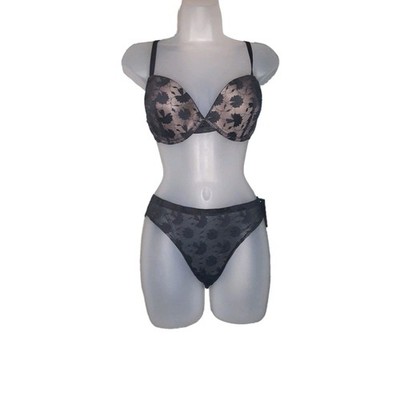 Youmita 38C Cafe Creme/Black Floral Lace Push-Up Bra & XL Seamless Lace Panty