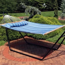 Large Quilted Hammock with Spreader Bar and Pillow - Blue Stripe by Sunnydaze