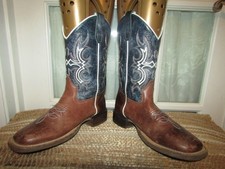 Old West Brown Blue Leather Western Boot Square Toe Boots Youth sz 2