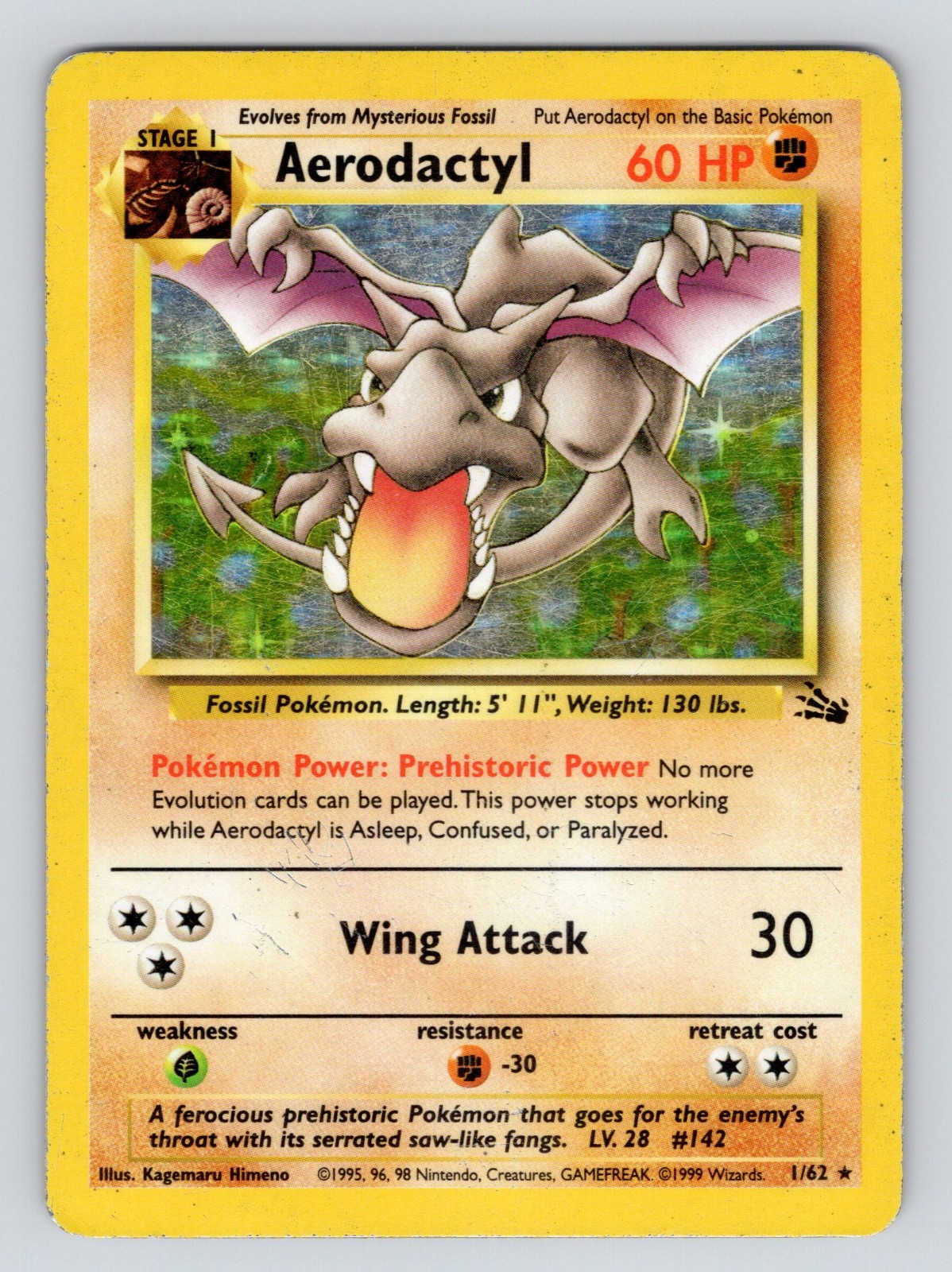 Pokemon Card Fossil Aerodactyl 1/62 Rare PL! Holofoil 1999 WOTC