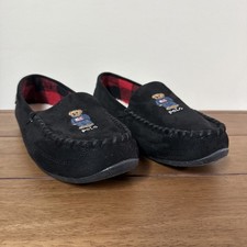 POLO Ralph Lauren Womens Size 11 Black Suede Leather Moccasin Slippers Bear B4