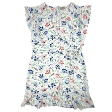 Loft Outlet Floral Flutter Sleeve Wrap Dress White Blue Red Size 16 Ruffle Hem