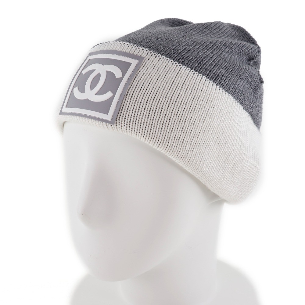 CHANEL COCO Mark Knit cap Sports line White/gray wool/silk