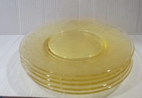 Vintage Hazel Atlas Florentine Poppy Yellow Depression Glass 10" Plates Set Of 5