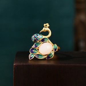 Authentic Gold Plated Enamel Painted Phoenix Hetian Jade Adjustable Ring Jewelry