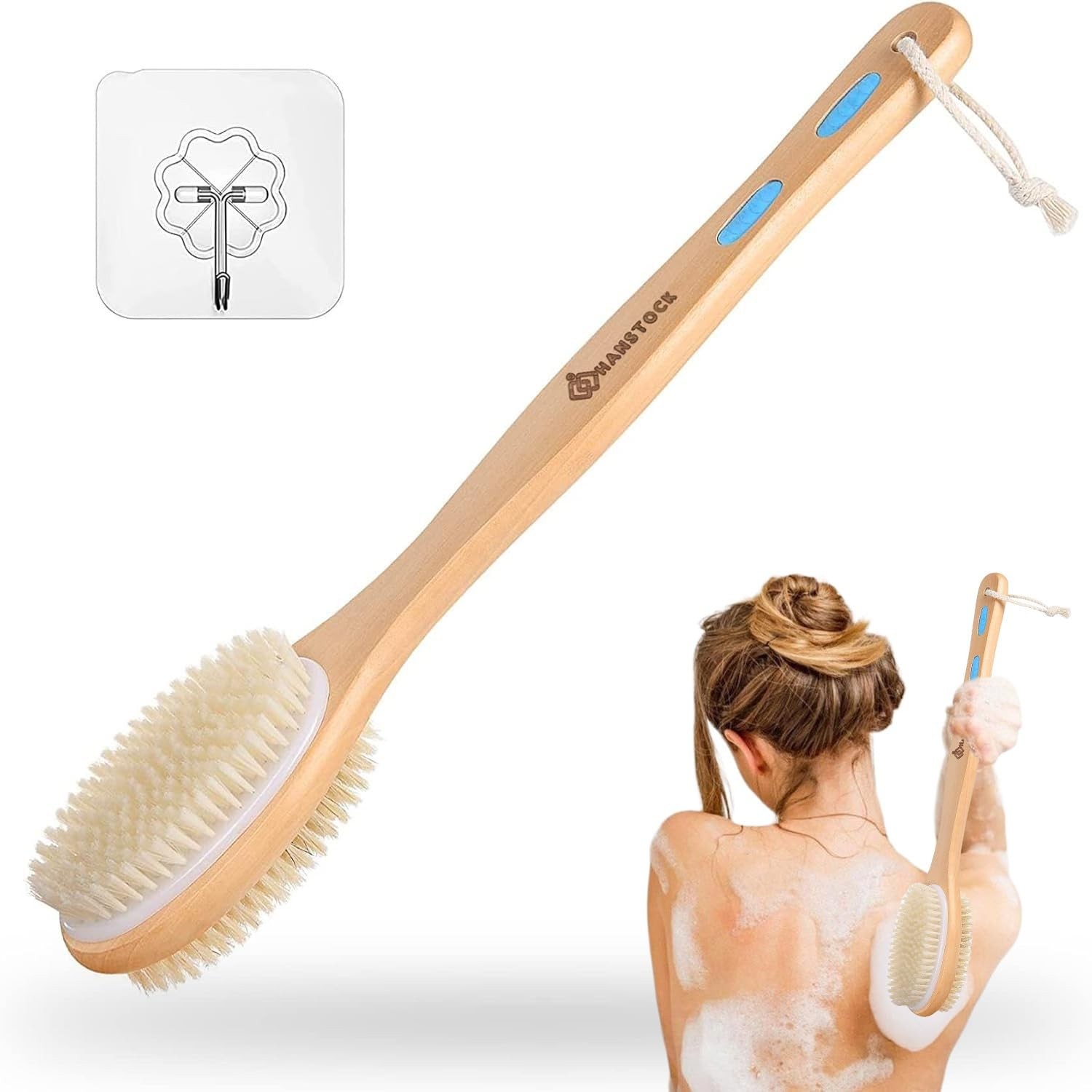 Hanstock Back Scrubber, 43cm Long Wooden Double-Sided Shower Large, Brown