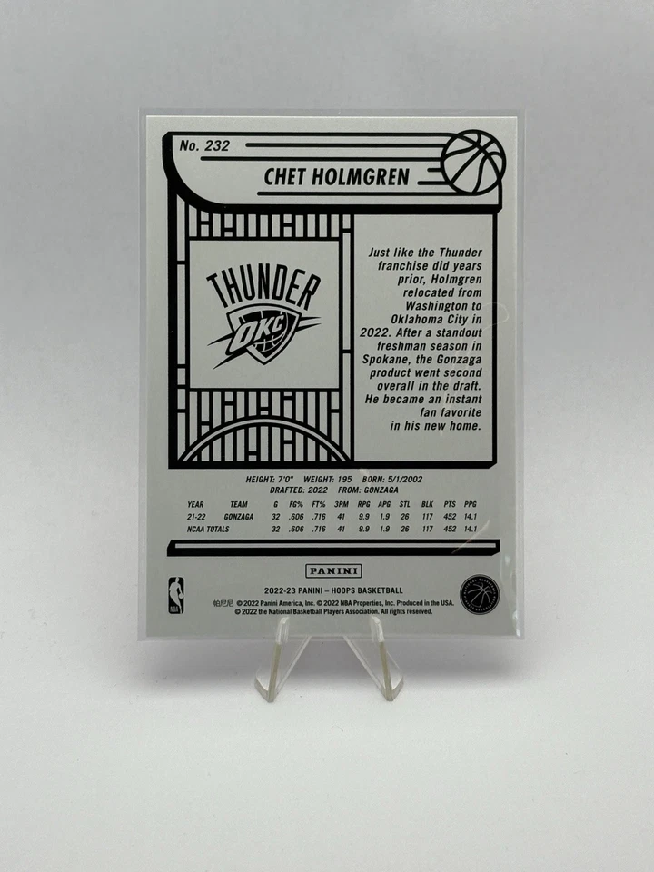 2022-23 Panini NBA Hoops Chet Holmgren Rookie Card #232 RC Oklahoma City Thunder - Image 2 of 2