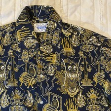 Vtg Batik Keris Shirt Mens XL Blue Oni and Drums AOP Dagger Point Button Up 70s