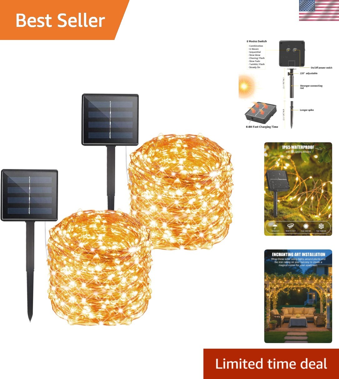 Elegant 132 Ft Solar Fairy Lights with 8 Modes in Warm White for Outdoor Decor