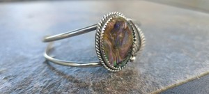 Native American Handmade Silver Cuff Bracelet Decorative Stone Leaf Motif US
