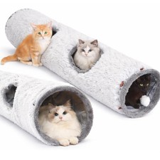 Cat Tunnel Collapsible Long Plush Crinkle Tube Cozy Pet Play 47 Inch Pearl Gray
