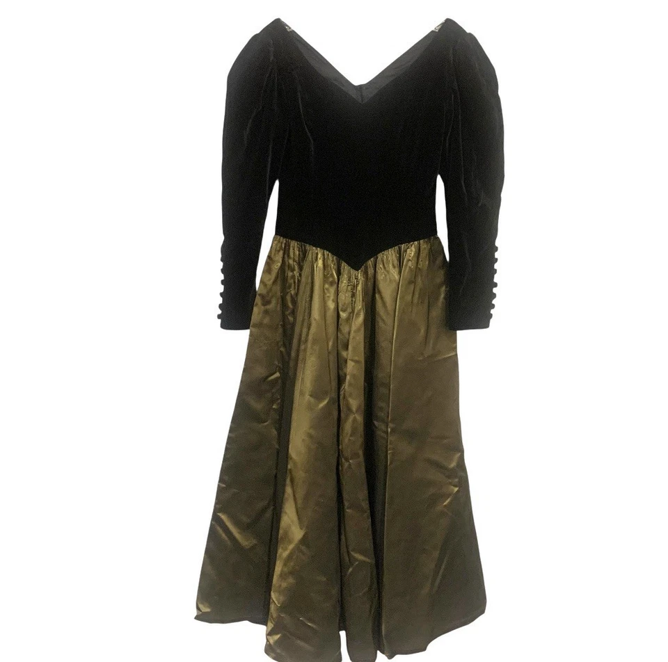 Vestido de cóctel vintage de terciopelo negro y tafetán verde oliva Laura Ashley talla 12 Foto 2 de 4