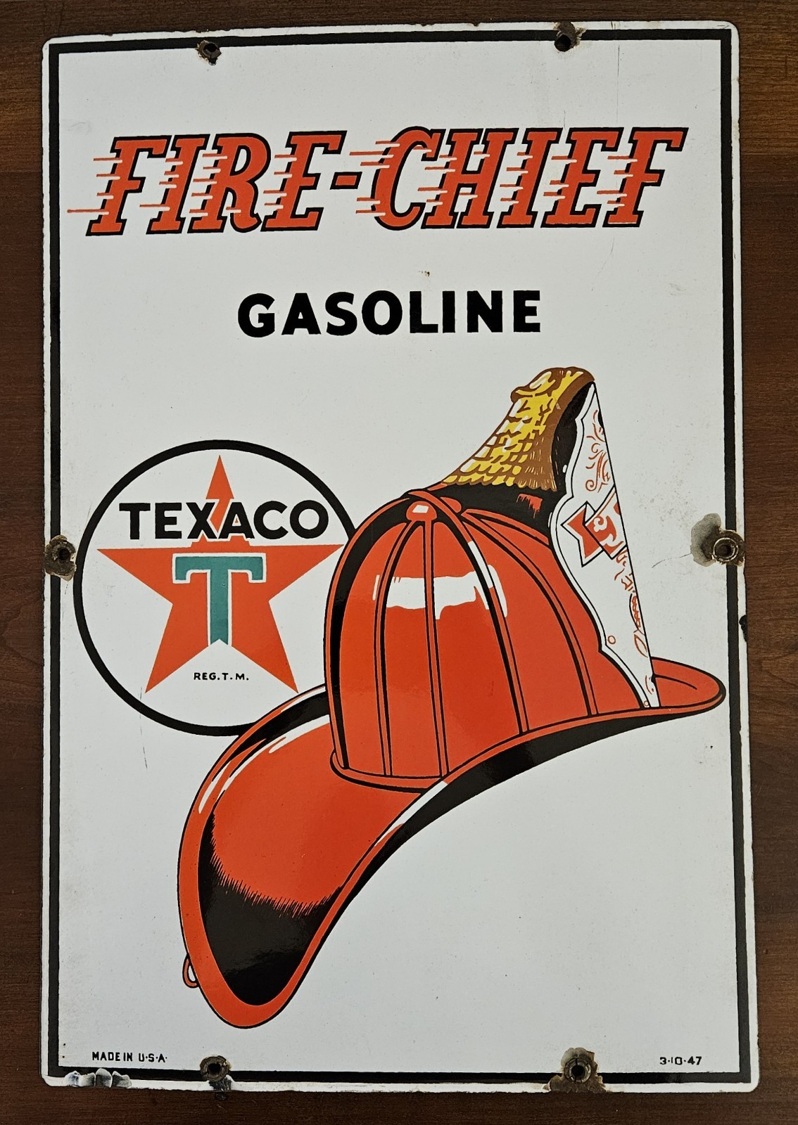 Vintage 1947 Texaco Fire-Chief Gasoline Porcelain Pump Plate Sign 12x18 USA...