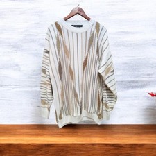 Vintage 80's Proteg  Collection Men Sweater XL Cream Brown 3D Geometric Striped