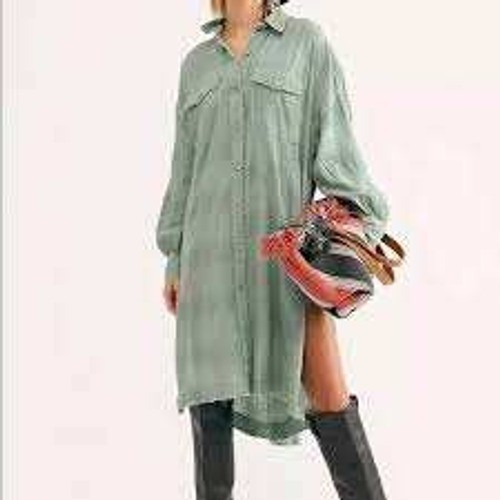 Free People We The Free Green Button Down Shirt Dress Raw Hem Pockets Medium