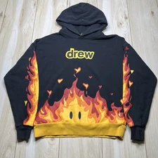 Drew House 22AW Fire Hoodie Pullover Flame Pattern Black Size Small Thick Cotton