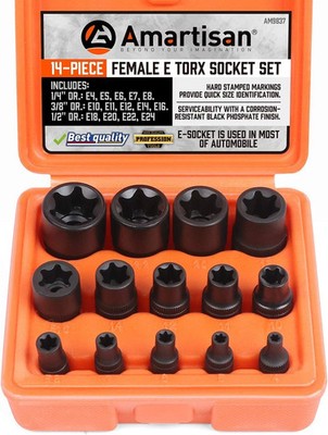 14 Pc Female E-Torx Star Socket Set/Rail, 1/4'' 3/8'' 1/2'' Drive, E24 External Tor