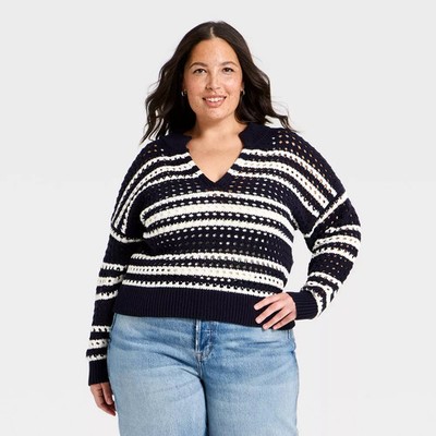Women Openwork V-Neck Striped Pullover Sweater - Universal Thread Navy Blue 3X