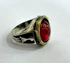 925 Silver Ring - Synthetic Red Ruby - Golden Octagonal Bezel - 10g - Size 10 US