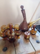 Spanish Porrons Full Set With Spanish Sangria Jug 7pcs All Amber Glass & Leather