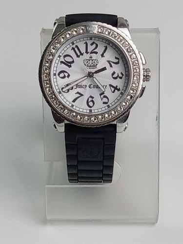 Juicy Couture Women's Silver Tone Quartz Watch Black Silicone Band