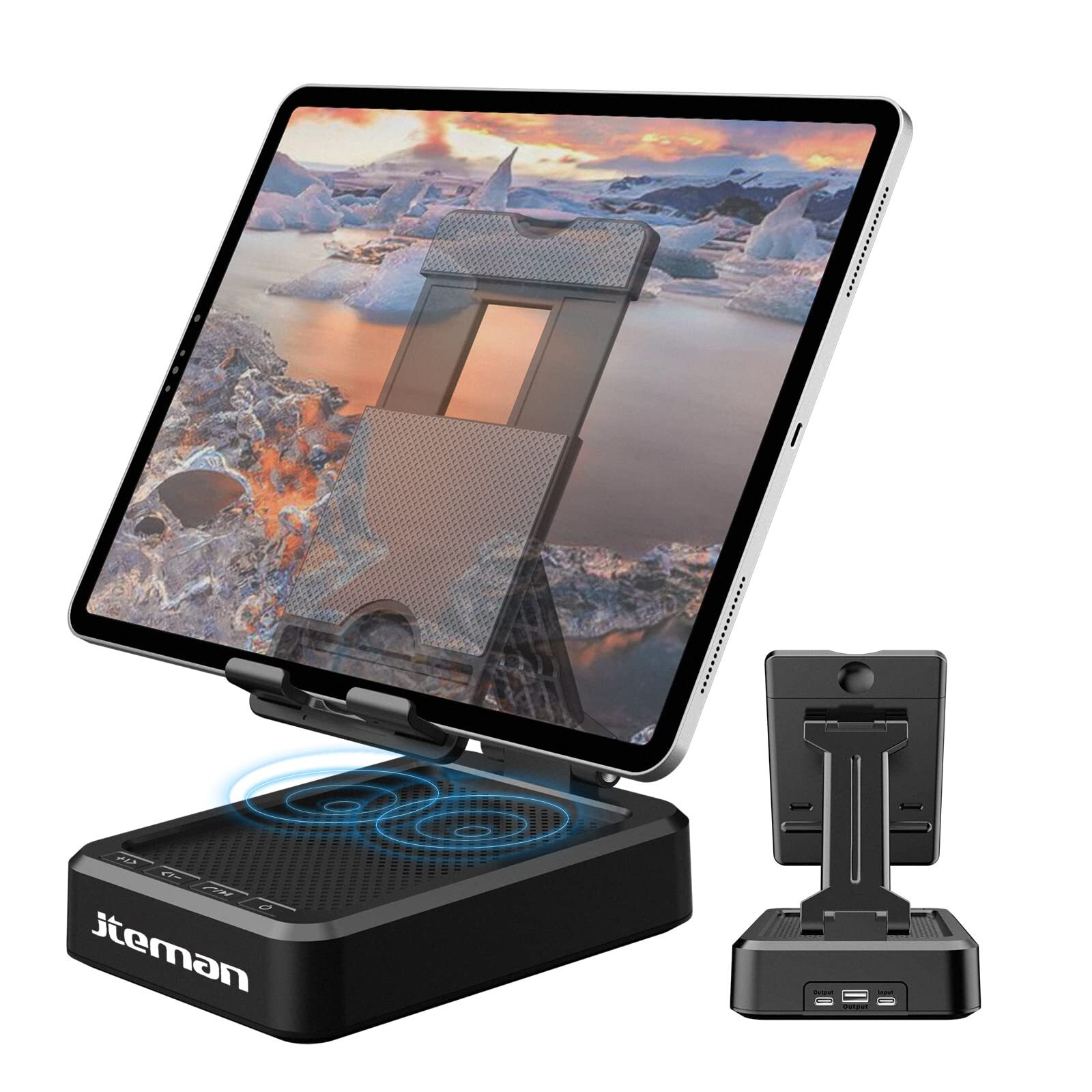 Tablet Stand with Bluetooth Speaker Desk Mic Charging Station for Phones