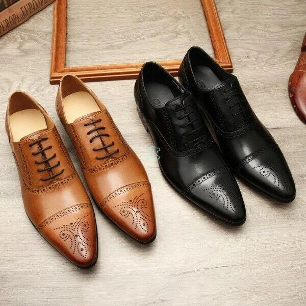 Luxury Mens Shoes Genuine Leather Dark Brown Brogue Oxfords Dress Shoe Handmade