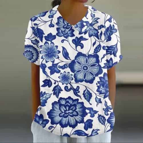 Damen Puppenkragen Hemd Baumwolle Leinen Blumenmuster Peter Pan Kragen Ärmel Shirts - Bild 14 von 56